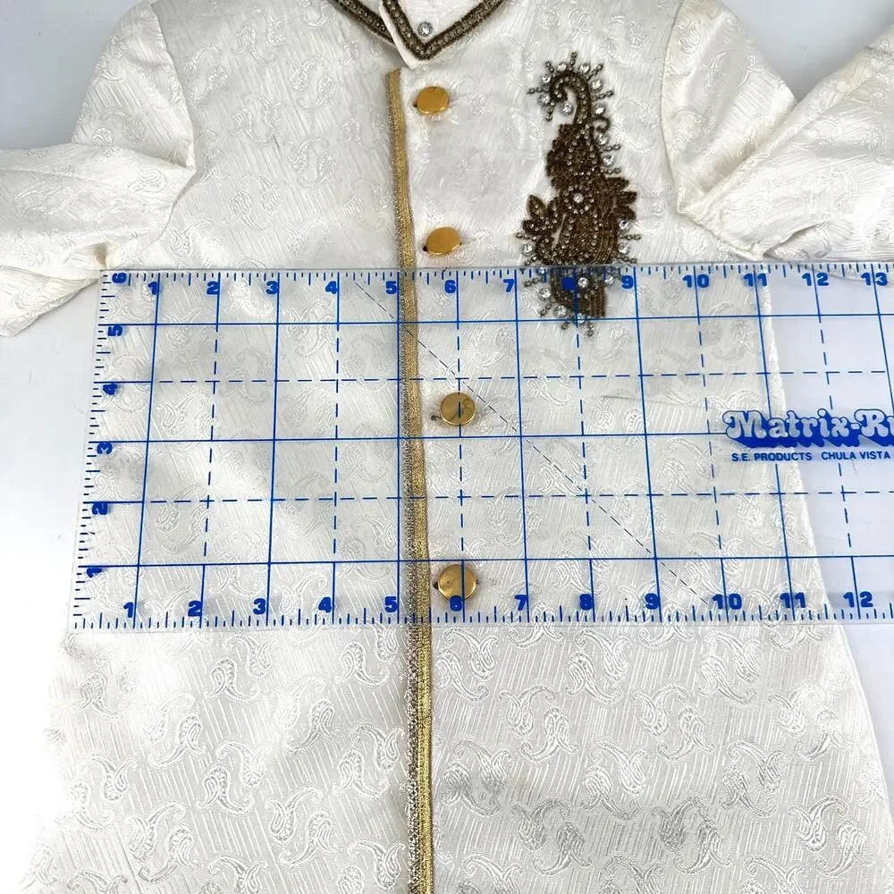 Boys White Sherwani Jacket Beaded Embroidery Gold Buttons 14